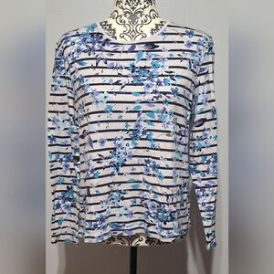 Lrg Croft & Barrow Floral Stripe Blouse - Blue and White